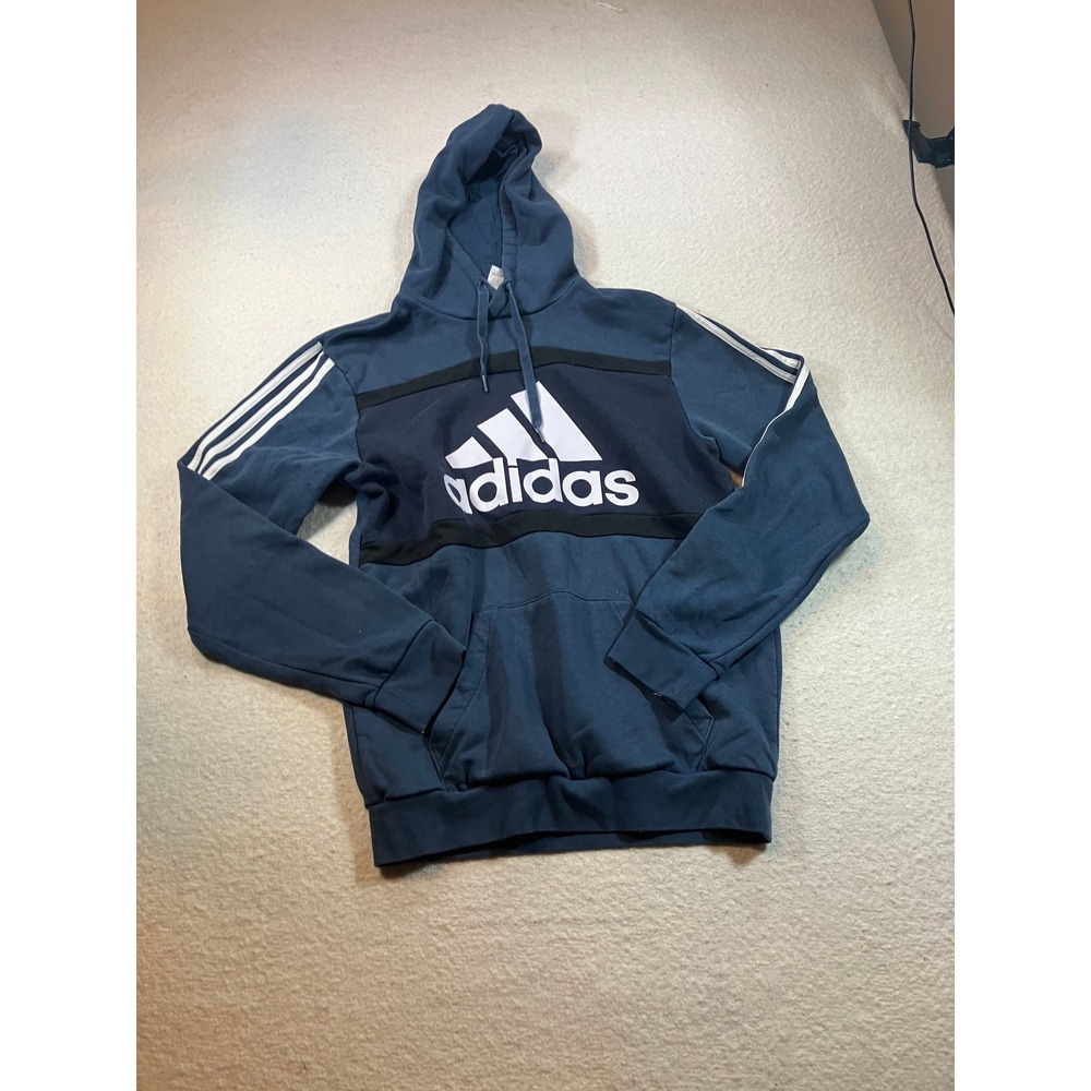 Adidas Mens Blue Colorblock‎ Logo Hoodie 3 Stripe Pullover Sweatshirt